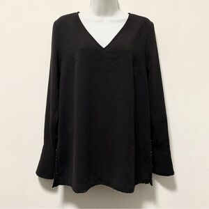 H&M Black Long Sleeve V Neck Blouse Bead Trim Size 6